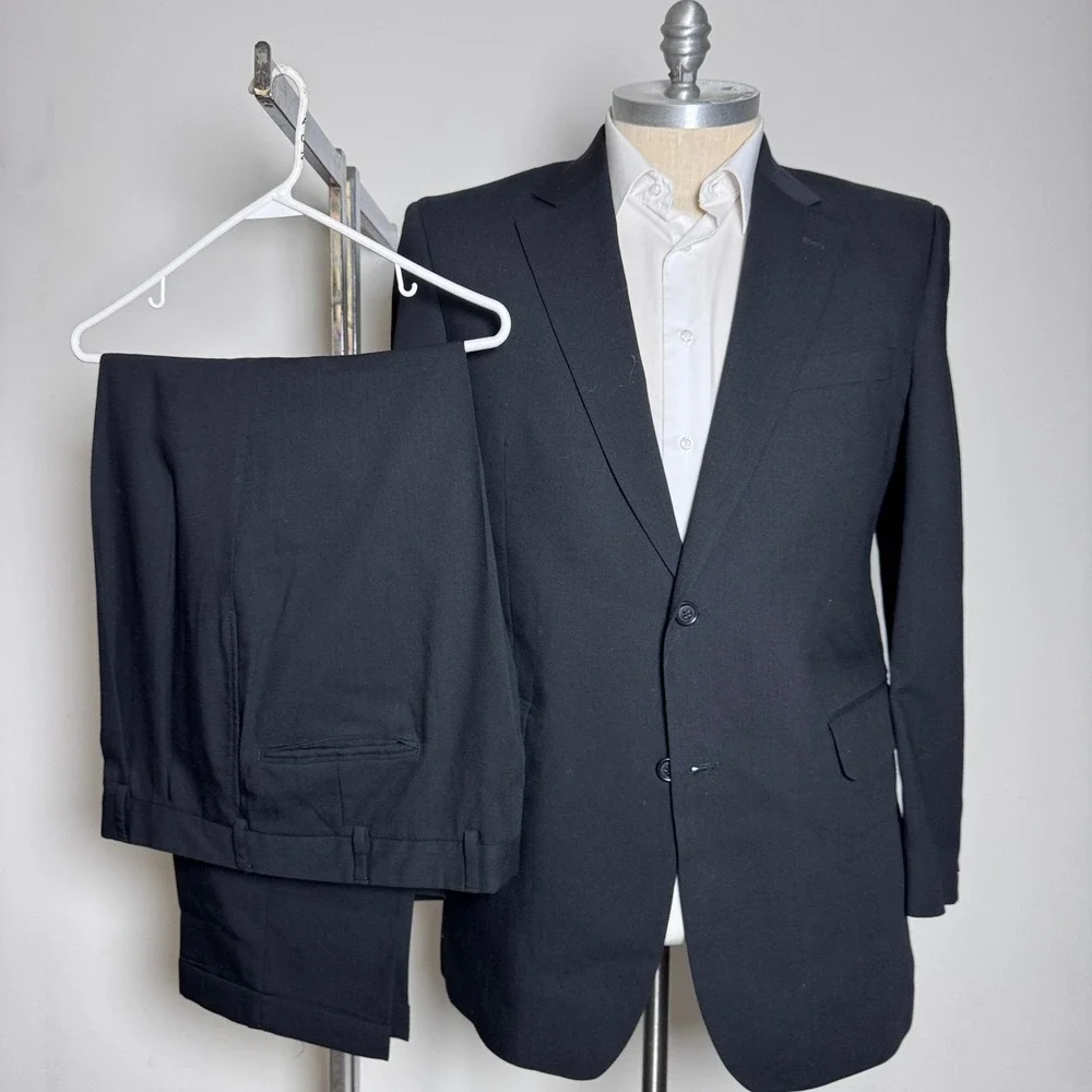 Jos. A. Bank Suit Mens 44L W38 Black Solid Wool 2 Button Classic Professional